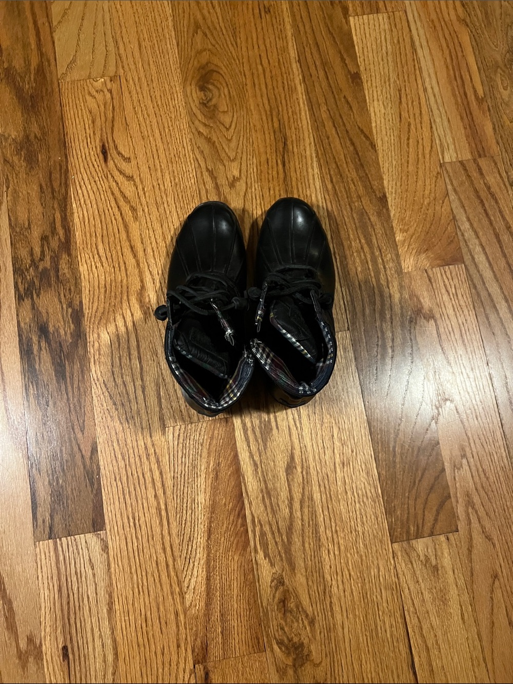 Sperry Black Duck Boots with Plaid Lining